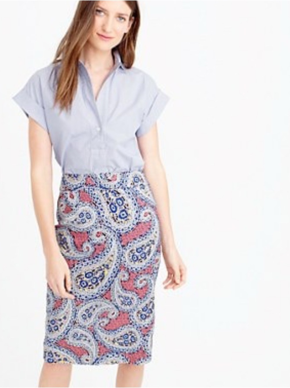 Women's J.Crew No. 2 Pencil Skirt Size 00 Blue Pink Paisley